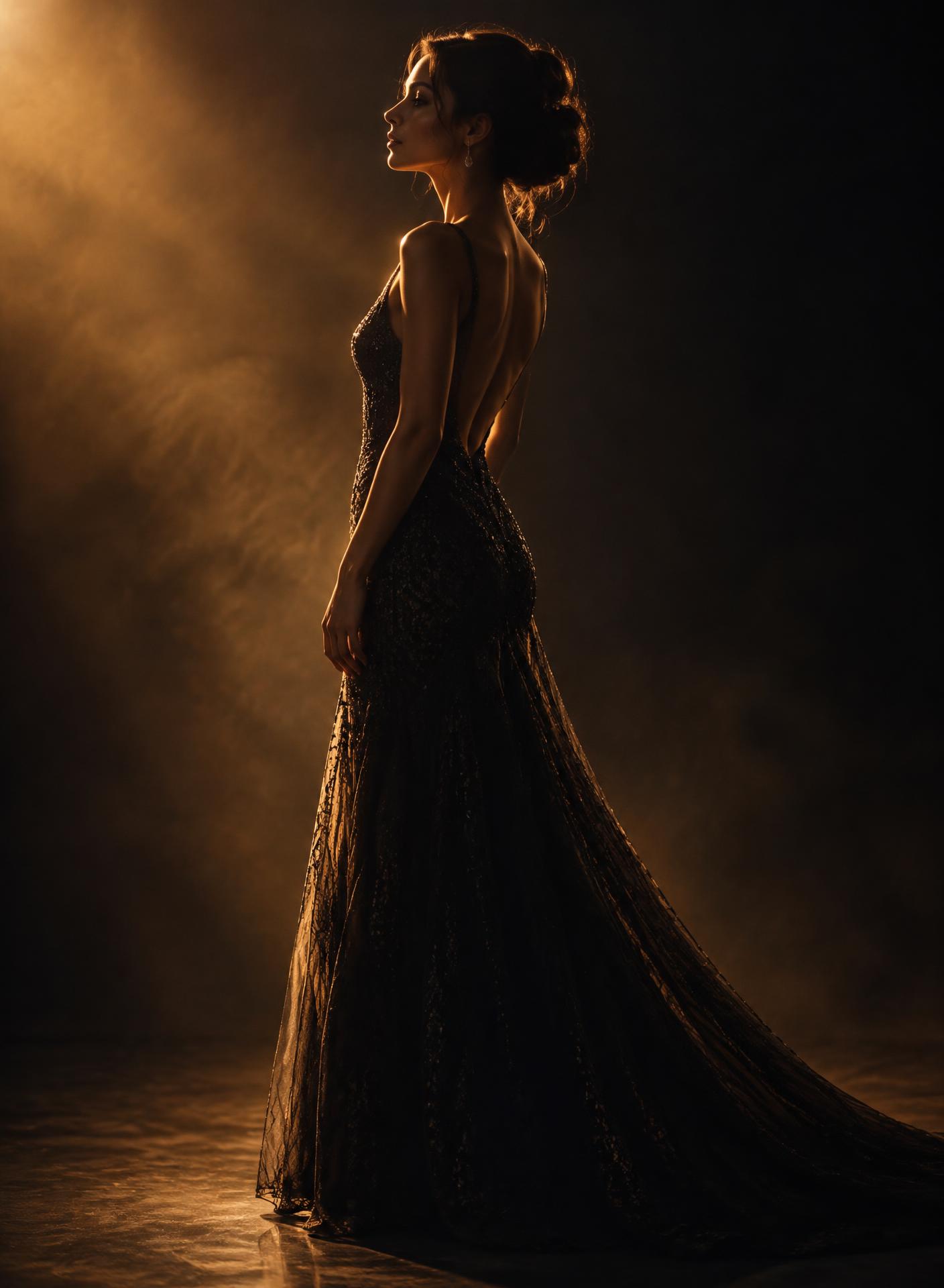 Editorial studio portrait in dramatic amber light